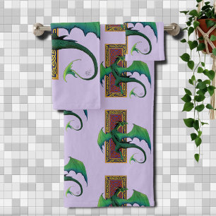 Grüner keltischer Drache lila Fantasy-Knotenmuster Badhandtuch Set