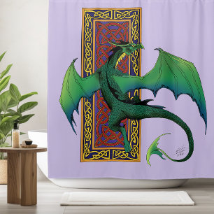 Grüner keltischer Drache lila Fantasy-Knotenmuster Duschvorhang