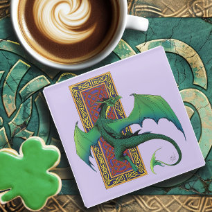Grüner keltischer Drache lila Fantasy-Knotenmuster Glasuntersetzer