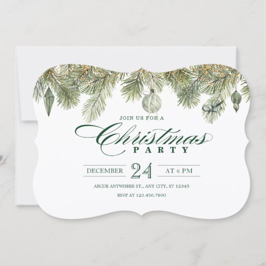 Grüner Kiefernzweig mit Weihnachtsschmuck aus Part Einladung (Vorderseite)