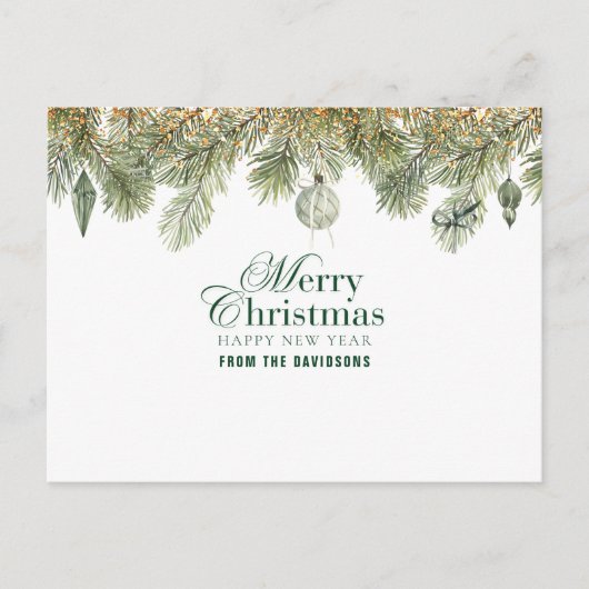 Grüner Kiefernzweig mit Weihnachtsschmuck Postkarte (Vorderseite)