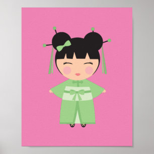 Grüner Kimono Japanischer Puppe Poster