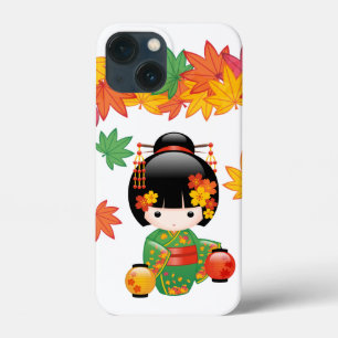 Grüner Kimono Kokeshi-Puppe mit Ahornblättern Case-Mate iPhone Hülle