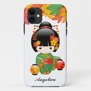 Grüner Kimono Kokeshi-Puppe mit Ahornblättern Case-Mate iPhone Hülle