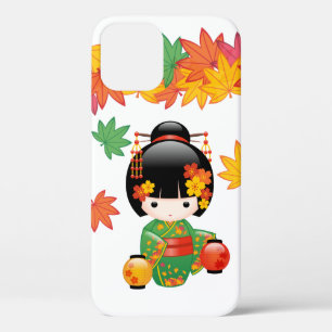 Grüner Kimono Kokeshi-Puppe mit Ahornblättern Case-Mate iPhone Hülle