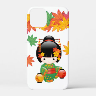 Grüner Kimono Kokeshi-Puppe mit Ahornblättern Case-Mate iPhone Hülle