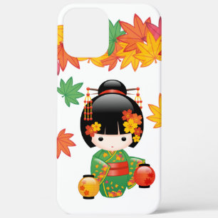 Grüner Kimono Kokeshi-Puppe mit Ahornblättern Case-Mate iPhone Hülle