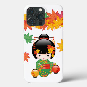 Grüner Kimono Kokeshi-Puppe mit Ahornblättern Case-Mate iPhone Hülle