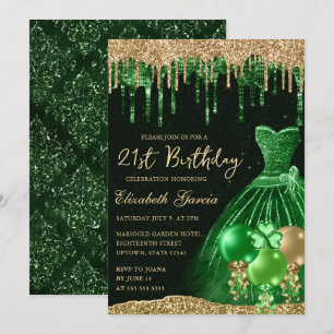 Grüner Kleid und goldener Glitter 21. Geburtstag Einladung