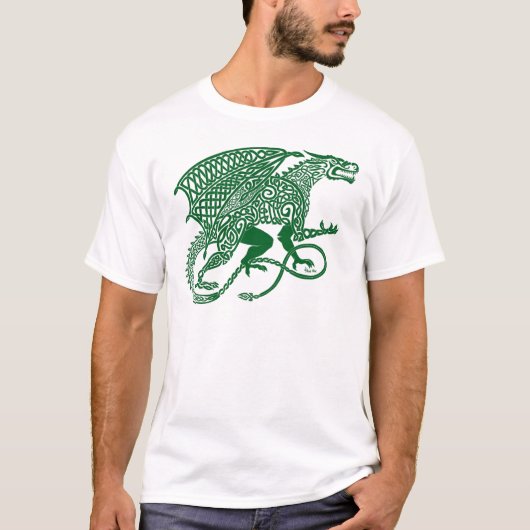 Grüner Knüpfarbeit-Drache auf Weiß T-Shirt (Vorderseite)