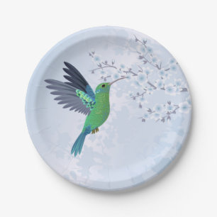 Grüner Kolibri mit blauer Kirschblüte Pappteller