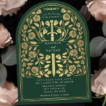 Grüner Königlicher Mittelalter-Goldschwert-Hochzei Einladung<br><div class="desc">Set den Ton für deine mittelalterliche Fantasy-Hochzeit mit einem kühnen Bogen-Einladung-Design - ein großes goldenes Schwert umgeben von Blumen vor grünem Hintergrund. Ideal für Paare,  die von einer epischen,  romantischen Feier träumen. Machen Sie Ihre Liebe von Anfang an legendär! HINWEIS: Das Gold in diesem Design ist KEINE echte Folie.</div>