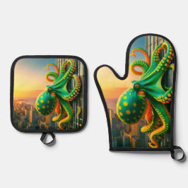 Grüner Kraken Ofenhandschuh & Topflappen-Set