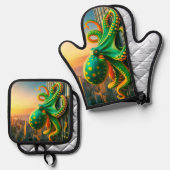 Grüner Kraken Ofenhandschuh & Topflappen-Set (Vorderseite/Rückseite)