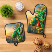 Grüner Kraken Ofenhandschuh & Topflappen-Set (Oben Unten)
