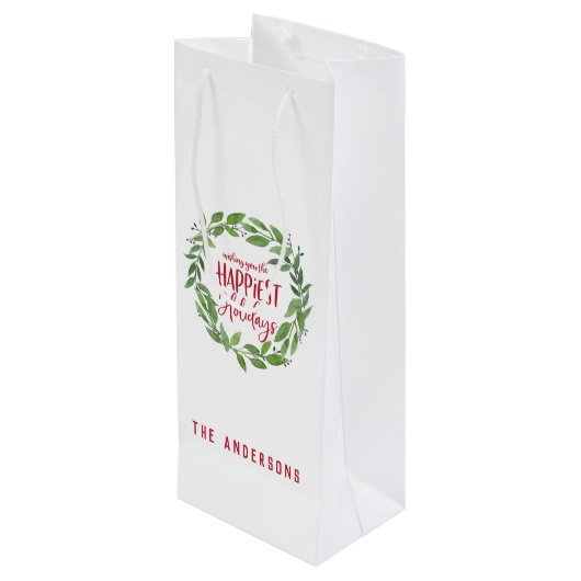 grüner Kranz am glücklichsten Urlaub Geschenktüte Für Weinflaschen (Rückseite Schrägansicht)