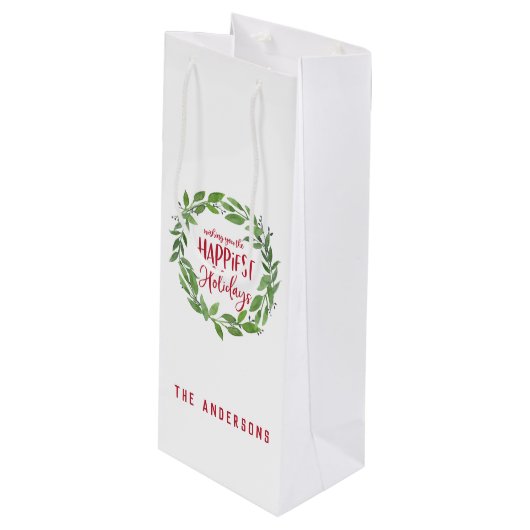 grüner Kranz am glücklichsten Urlaub Geschenktüte Für Weinflaschen (Vorderseite Schrägansicht)