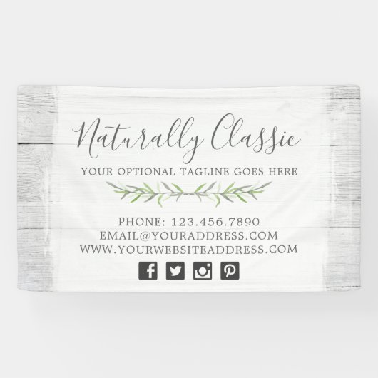 Grüner Kranz aus rustikalem Holz und botanischem B Banner (Horizontal)