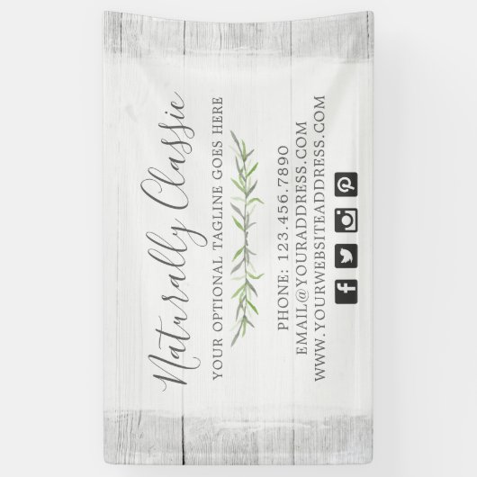 Grüner Kranz aus rustikalem Holz und botanischem B Banner (Vertikal)