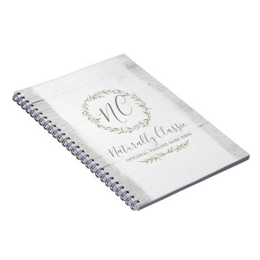 Grüner Kranz aus rustikalem Holz und botanischem B Notizblock (Rechte Seite)