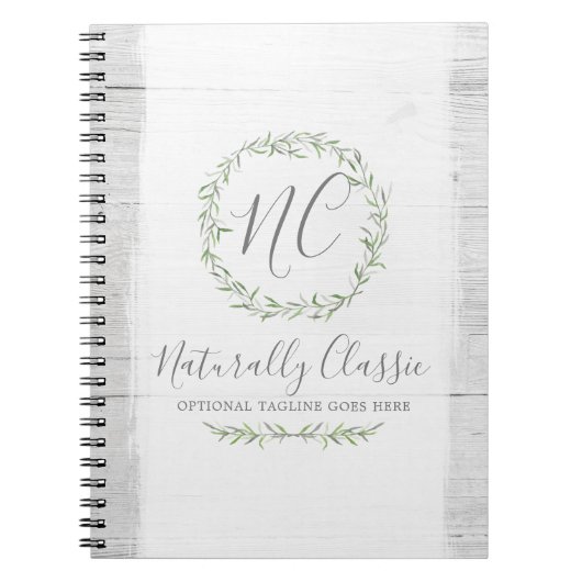 Grüner Kranz aus rustikalem Holz und botanischem B Notizblock (Vorderseite)