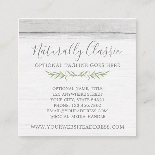 Grüner Kranz aus rustikalem Holz und botanischem B Quadratische Visitenkarte (Rückseite)