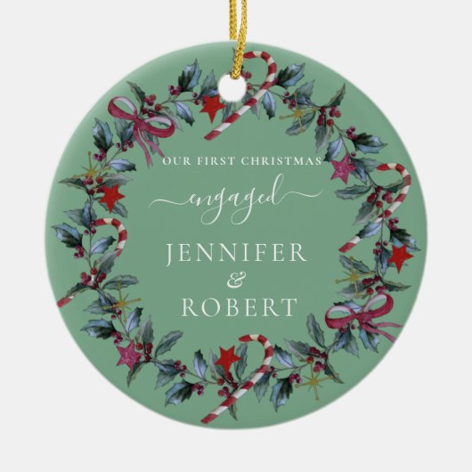 Grüner Kranz der ersten Weihnachtsfeier Verlobt Sa Keramik Ornament (Vorne)