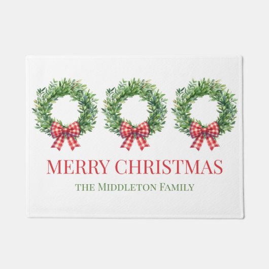 Grüner Kranz mit rotem Gingham Bow Fußmatte (Vorderseite)