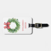 Grüner Kranz mit rotem Gingham Bow Gepäckanhänger (Vorderseite horizontal)