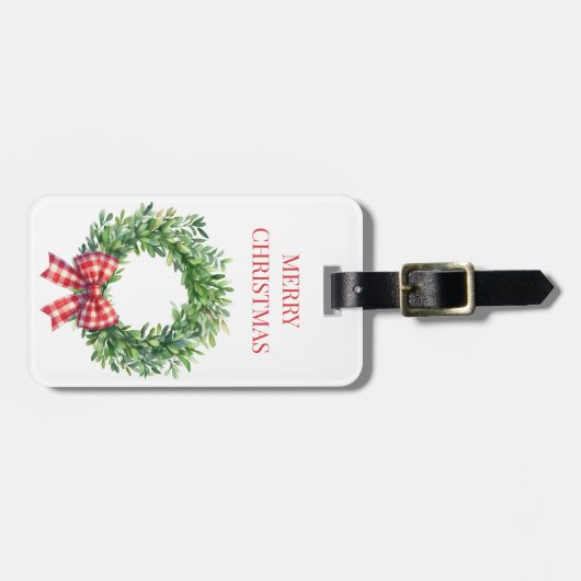 Grüner Kranz mit rotem Gingham Bow Gepäckanhänger (Vorderseite horizontal)