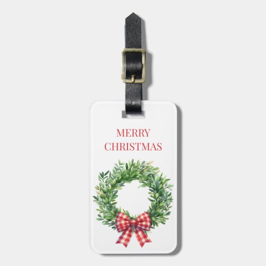 Grüner Kranz mit rotem Gingham Bow Gepäckanhänger (Vorderseite vertikal)