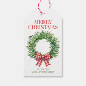 Grüner Kranz mit rotem Gingham Bow Geschenkanhänger (Vorderseite)