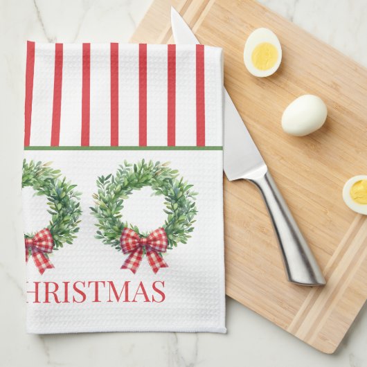 Grüner Kranz mit rotem Gingham Bow Geschirrtuch (Viertel Falte)