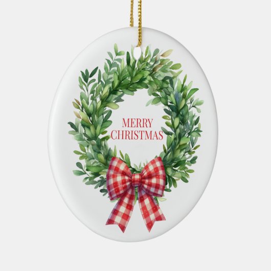 Grüner Kranz mit rotem Gingham Bow Keramik Ornament (Rechts)