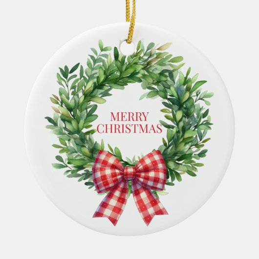 Grüner Kranz mit rotem Gingham Bow Keramik Ornament (Vorne)