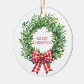 Grüner Kranz mit rotem Gingham Bow Keramik Ornament (Links)