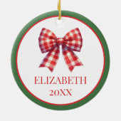 Grüner Kranz mit rotem Gingham Bow Keramik Ornament (Hinten)