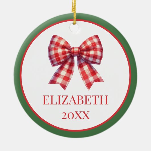 Grüner Kranz mit rotem Gingham Bow Keramik Ornament (Hinten)