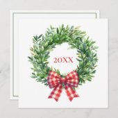 Grüner Kranz mit rotem Gingham Bow Mitteilungskarte (Vorne/Hinten)