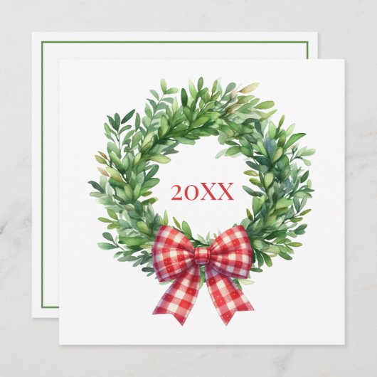 Grüner Kranz mit rotem Gingham Bow Mitteilungskarte (Vorne/Hinten)