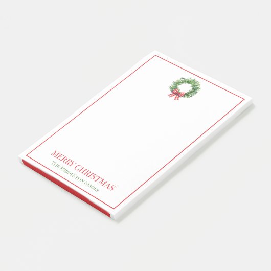 Grüner Kranz mit rotem Gingham Bow Post-it Klebezettel (angewinkelt)