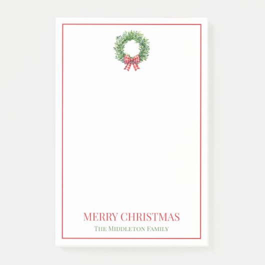 Grüner Kranz mit rotem Gingham Bow Post-it Klebezettel (Vorderseite)