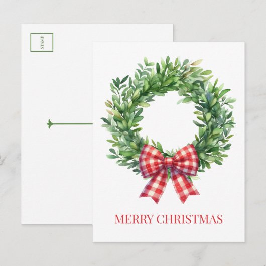 Grüner Kranz mit rotem Gingham Bow Postkarte (Vorne/Hinten)