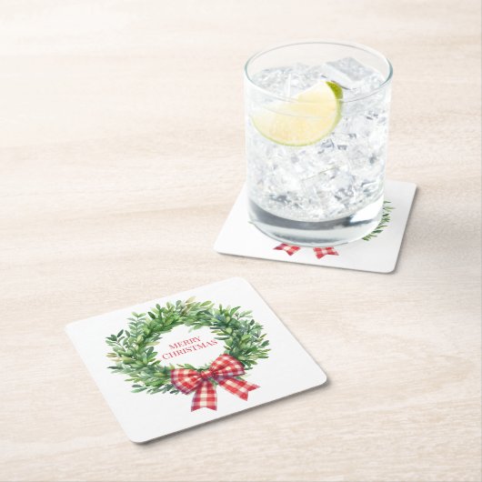 Grüner Kranz mit rotem Gingham Bow Rechteckiger Pappuntersetzer (Vor Ort)