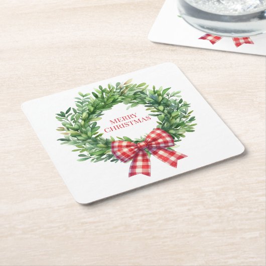 Grüner Kranz mit rotem Gingham Bow Rechteckiger Pappuntersetzer (angewinkelt)