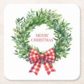 Grüner Kranz mit rotem Gingham Bow Rechteckiger Pappuntersetzer (Vorderseite)