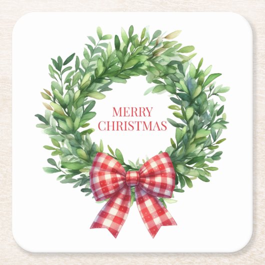 Grüner Kranz mit rotem Gingham Bow Rechteckiger Pappuntersetzer (Vorderseite)