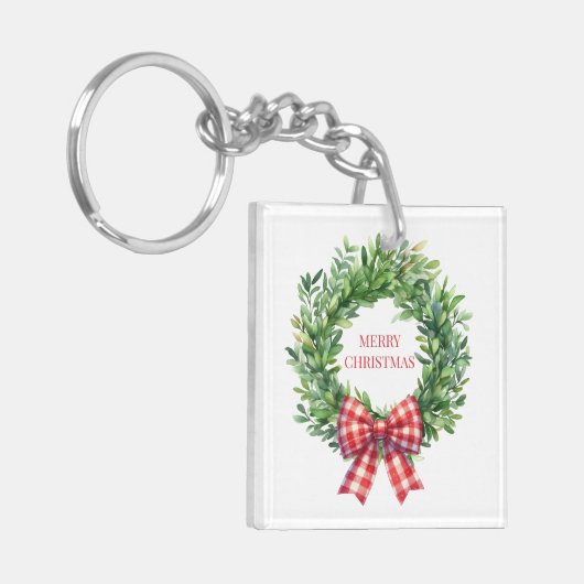 Grüner Kranz mit rotem Gingham Bow Schlüsselanhänger (Vorderseite links)