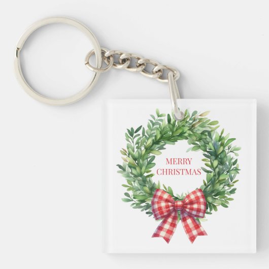 Grüner Kranz mit rotem Gingham Bow Schlüsselanhänger (Vorderseite)