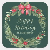 Grüner Kranz Personalisiert Weihnachten Quadratischer Aufkleber (Vorderseite)